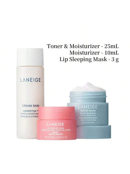 Laneige Water Bank Mouth Sleeping Mask Cream Skin | TRAVEL SIZE MINI | Water Bank Moisturizer Mask (10Ml / 0.33 Fl.Oz ) | Lip Sleeping Mask in Shade Berry(3 G / 0.10 Oz) | Cream Skin Cerapeptide Toner & Moisturizer(25Ml / 0.84 Fl.Oz )
