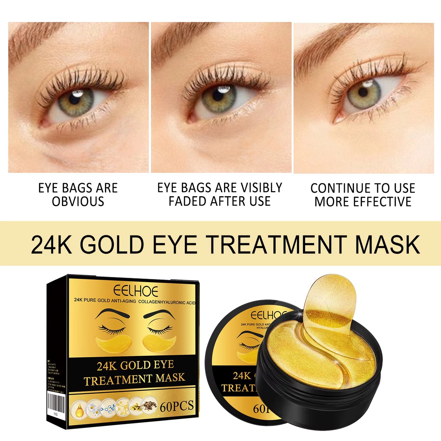 60PCS 24K Gold Eye Mask anti Dark Circles Removal Eyes Bags Moisturizing Firming Eye Patches Eyes Skin Care Products