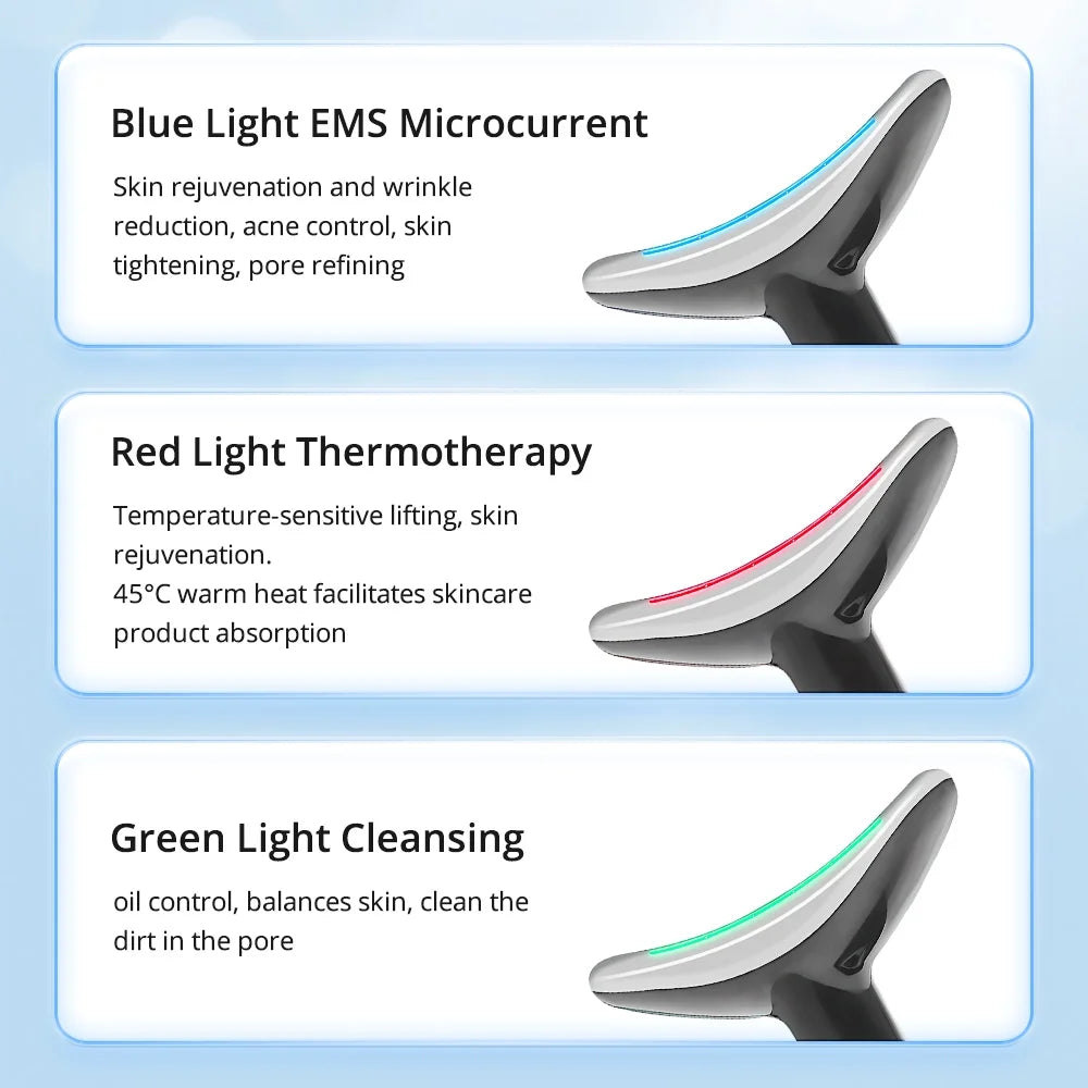 7 Color LED Neck Tightening Facial Device,Red Light Therapy for Face,Neck Lifting Device Face Massager for Face Lift, Facial Massager, anti Aging, 3 in 1 Portable Skin Care Tools, White