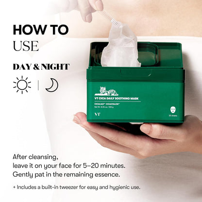CICA Daily Soothing Mask 30 Sheets, Centella Asiatica & Hyaluronic Acid for Moisturizing & Hydrating, Instant Calm & Glow, Skin Softening Facial Mask, Korean Face Mask